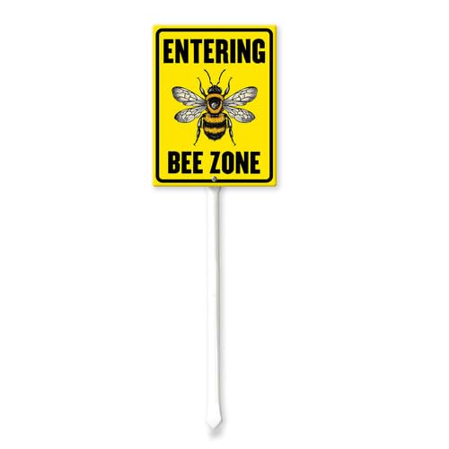 Vdenvileye Entering Bee Zone Yard Sign with Stake 20x30cm Rustproof Aluminum Lawn Decorations Bee Sign for Outdoor Road Street Garden