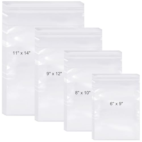 Kosiz 600 Pcs Clear Cellophane Bag Plastic Poly Shirt Bag Bulk Resealable Clothes Packing Self Adhesive Packages for Business Shipping(6 X 9 8 X 10 9 X 12 11 X 14)