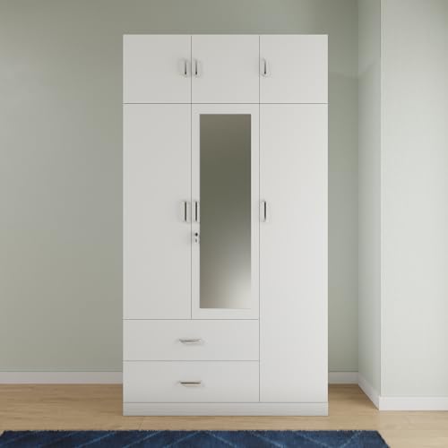 Image of VIKI Wardrobe | Wooden Almirah for Clothes,Door for Bedroom, 3 Door Loft Wardrobe with Drawer, Mirror & Hanging Space (Frosty White - 40D x 120W x 220H) | 1 Year Warranty | Free Assembly
