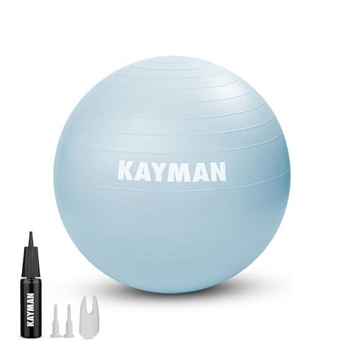 KAYMAN Pelota de Ejercicio Azul de 55 cm, Sistema antiexplosión, Anillos Antideslizantes, Material Duradero, fácil de inflar, Yoga, Pilates, Fitness, Entrenamiento de Equilibrio