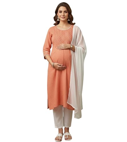 Image of DUMMY SHAPE Feeding Kurta Set for Women Cotton Blend | Floral Embroidered Pregnancy Kurta Pant Dupatta with Nursing Zippers | Pre & Post Partum | Maternity Dresses | Mom to Be Gifts
