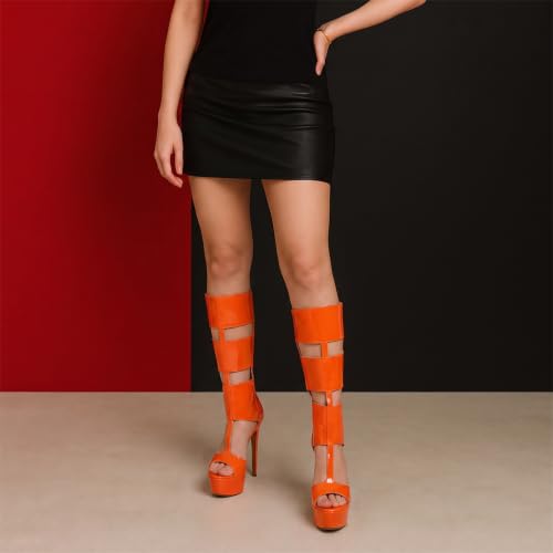 Image of Richealnana Women's Gladiator Knee-High Platform Heels-Stiletto Peep Toe Boots with Back Zipper for Club,Prom,Dance,Sexy