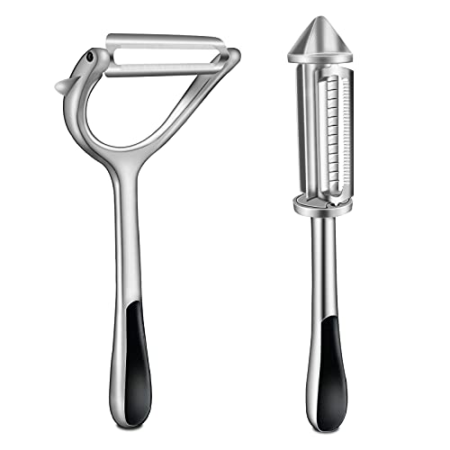 2 Pcs Vegetable Peeler & Julienne Peeler, Potato Apple Peeler with Dual Sharp Swivel Blades, Built-in Potato Eye Remover, Magic Veggie Fruit Peeler with Non-slip Grip for Making Delicious Salad