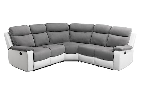 LOUNGITUDE - Canapé de Relaxation panoramique 6 Places électrique en Microfibre et Simili - Blanc/Gris