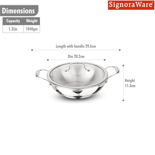 Image of Signoraware Artista Tri Ply Stainless Steel Shallow Kadhai 18cm with Glass Lid | Induction & Gas Compatible | Durable | Ideal for Stir Frying & Sauteing | Best for Curry & Gravies (1.2 LTR | Steel)