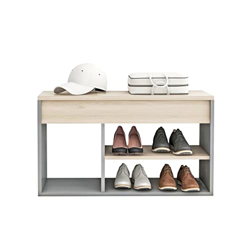 Woodcozy Shoe Bench, Shoe Rack Organizer, Shoe Bench entryway with Storage, Wooden Shoe Rack Boot Organizing Shoe Rack Entryway Storage, 2-Tier & 1- Hidden Compartment, Oak & Gray