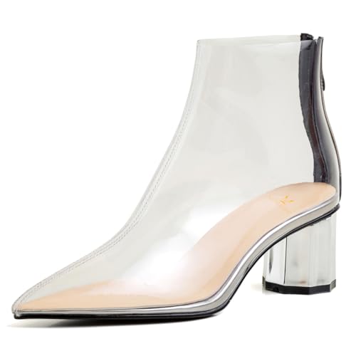 MOOMMO Women Clear Chunky Heel Ankle Booties Pointed toe Rhinestone Metal Block Heel PVC Transparent Booties Sandals Back Zipper Summer Dress Boots Party Wedding Dance Shoes Fashion 4-10 M US