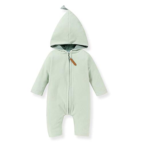 KONIGHT Newborn Baby Boys Girls Zipper Hooded Jumpsuit Romper Long Sleeve Infant One-Piece Pajamas Outfit Fall (Light-Green, 9-12 Months)