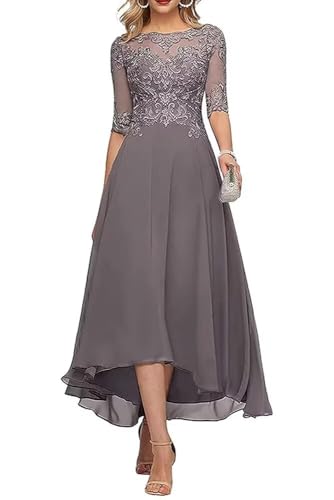 Mother Of The Bride Dresses For Wedding Modest Haze Blue A-Line Lace Applique Chiffon Modern 3/4 Sleeves High Low Beach Boho Classy Mother Of The Groom Dresses Tea Length #TOP6