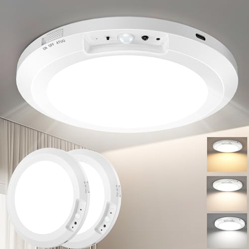 Image of Yunaking 2 Pack Rechargeable Ceiling Light with Motion Sensor: Battery Operated LED Closet Light with Remote & Timing - Wireless Dimmable Magnetic Mount Shower Lamp for Bathroom /Stairs /Garage /Hallway