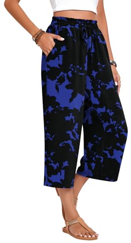 Image of Anyhold Women's Capri Pants Drawstring Casual Palazzo Trousers with Pockets Loose High Waisted Wide Leg Lounge Pants