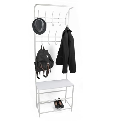 DIVCHI Coat Rack Stand With 9 Hooks Shoe Shelf & Hanging Clothes Rail Free Standing Metal Hall Tree Racks for Bedroom Hallway Entryway & Small Space (White)