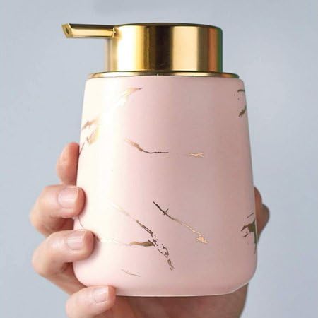 Image of Luxury Ceramic Soap Dispenser (Luxe Pink) - 400ml Wide Modern Refillable Lotion Shampoo Handwash Bottle Matte Pink with Gold Marbling Premium Countertop Accessory for Bathroom, Kitchen & Wash Basin
