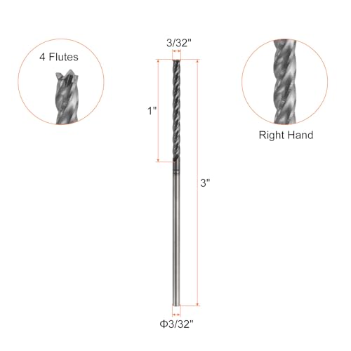 Image of HARFINGTON Carbide Square Nose End Mill Bit 3 /32 inch Cut Dia 4 Flutes TiAlN Coated Milling Cutter for Hardened Steel Metal (3 /32 inch Shank 1 inch Cut Length 3 inch Long 30 Degree Helix)
