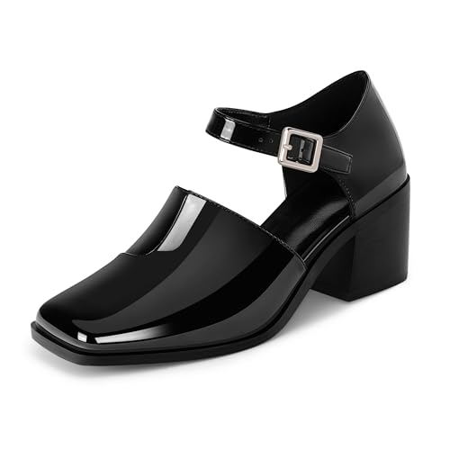 100FIXEO Women's Block High Heel Patent Leather Pumps Square Toe Buckle Strap Glossy Mary Jane Shoes