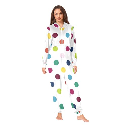 Polka Dot Colored Onesie Adult One Piece Pajamas for Zipper Hooded with Pockets S-XL
