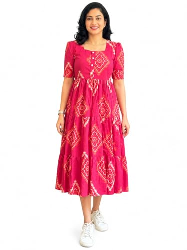 Image of Women's Rayon Floral Printed Midi Dress | Casual Fit & Flare One Piece Dress for Women | Stylish Short Sleeve Western Dress