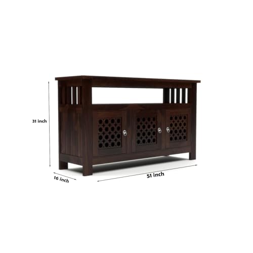 Image of Solid Sheesham Wood TV Unit Cabinet with Carved Doors | Wooden Entertainment Unit for Living Room | Multipurpose Sideboard for TV, Decor & Home Organization (Walnut Finish)