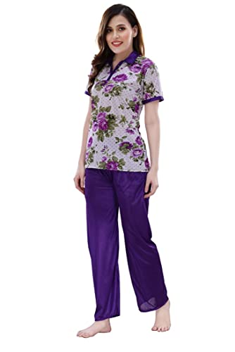Image of Romaisa Women's Purple and White Night Suit Set for Women - Stylish Pajama Set Sleepwear Lounge Wear Comfortable Nightwear