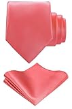 TIE G Solid Satin Woven dyed Color Formal Black Necktie and Pocket Square Sets in Gift Box (Coral)