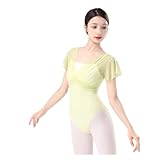BNDDZBN Ballet Leotard Women Ballet Leotards Dance Leotard Short Sleeve Pleats Ballet Bodysuit Adult Fake Two Piece Gymnastics Leotards(Light yellow,L 165cm to 170cm)