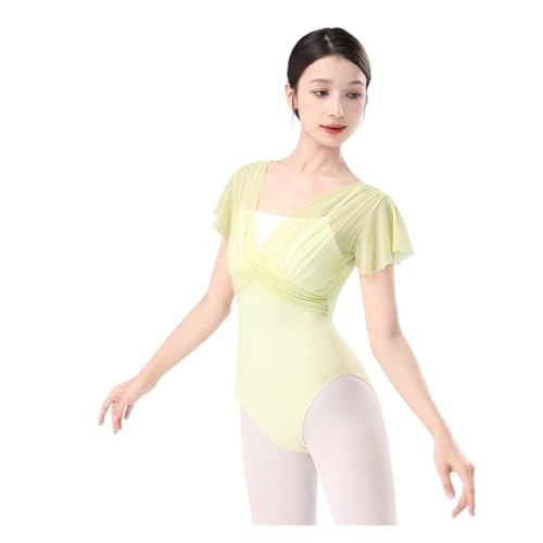 BNDDZBN Ballet Leotard Women Ballet Leotards Dance Leotard Short Sleeve Pleats Ballet Bodysuit Adult Fake Two Piece Gymnastics Leotards(Light yellow,L 165cm to 170cm)