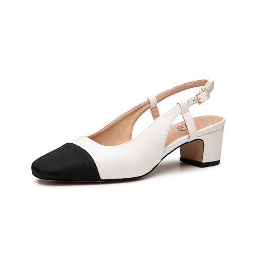 Trary Women's Chunky Slingback Pumps Comfortable Low Block Heels Splicing Square Toe Slip On Pumps Shoes for Office Work Wedding