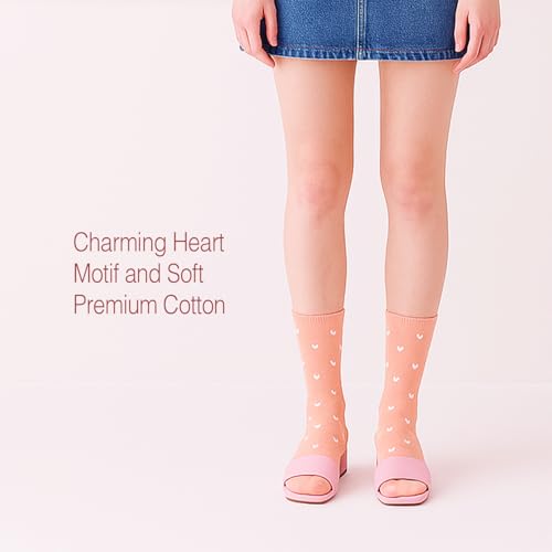 Image of Women's Cute Heart Pattern Crew Socks - 3 Pairs Colorful Novelty Gift Set - Soft Cotton Cozy Socks for Casual Wear