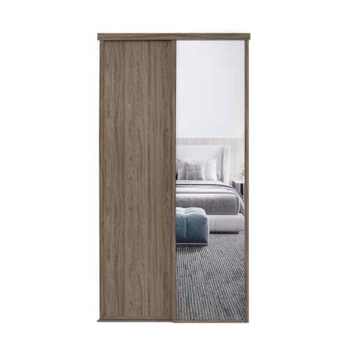 Image of SPACEPRO Classic Sliding Wardrobe Door Kit – Modern 2 Door Bedroom Storage & Sliding Closet Doors with Walnut Wood Effect & Mirror Panels (BSEN12600) – Ideal for H2260mm x W1185mm Opening