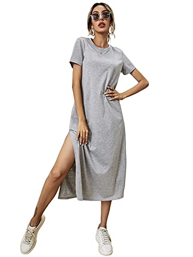 Milumia Women s Casual High Slit Midi Dress Short Sleeve Crewneck Solid Tee Dress Light Grey Medium