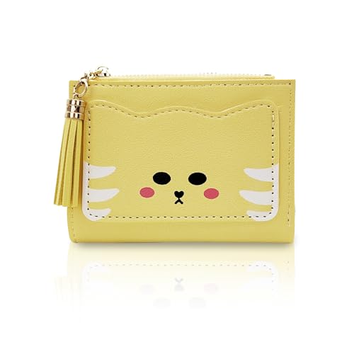 Ladies Wallet, Cute Cat Style Women's Wallets with Tassel, Small Women’s Wallet with 5 Card Slots, 1 ID Window, 1 Zipper Pocket, PU Leather Wallets for Women (Yellow)