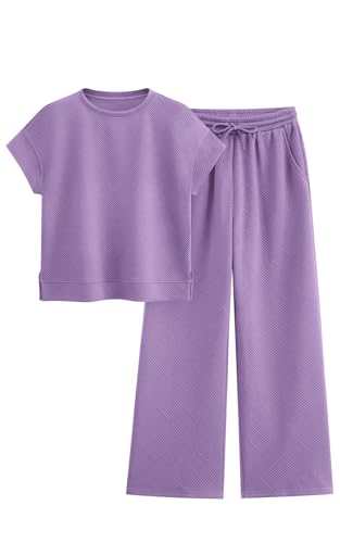 Image of PRETTYGARDEN 2 Piece Outfits For Women Casual Tracksuit Short Sleeve Tops And Wide Leg Long Pants Matching Lounge Sets