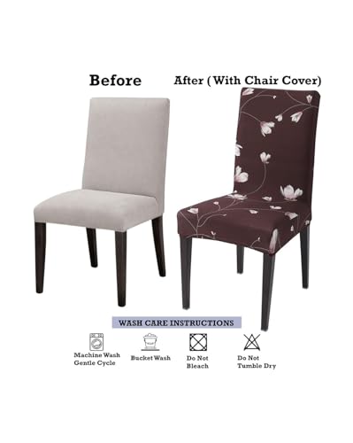 Image of Gifts Island Polyester Floral Print Dining Table Chair Cover Set of 6 Seater Stretchable Washable Chair Seat Slipcover Protector (Brown)