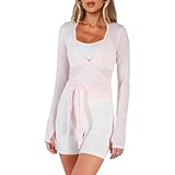 Dancenter Women Crop Wrap Top Thumb Hole Long Sleeve Active Self Tie Workout Shirt Ballet Pilates Yoga Wrap Tops (US, Alpha, Small, Regular, Regular, Pink)