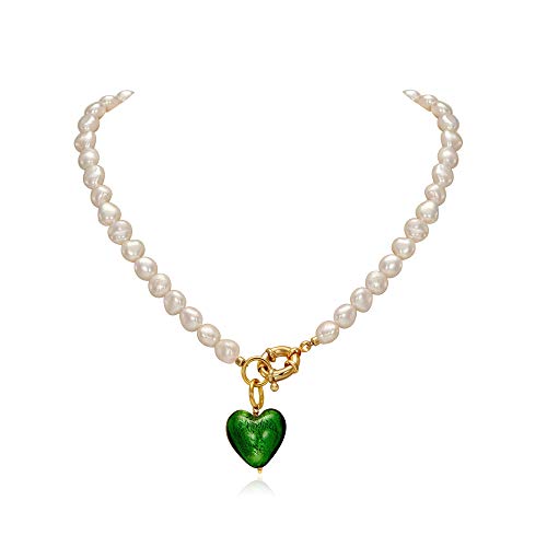 Product Image of the Pearl Love Heart Necklace for Women with Green Murano Glass Heart Pendant Necklace Italy Handmade 22mm Murano Glass charm,Natural Freshwater Baroque Pearl Necklace for Women Pearl Jewelry