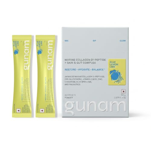 Gunam Marine Collagen Di-Peptide + Skin & Gut Complex | Hydrolysed Japanese Marine Collagen Peptides| Prebiotic FOS, Glutathione, Vitamin C & B3, Zinc, Probiotics | Supports Skin Glow, Hair, Nails, Gut & Joints | Lemon Lime | 15 Sachets