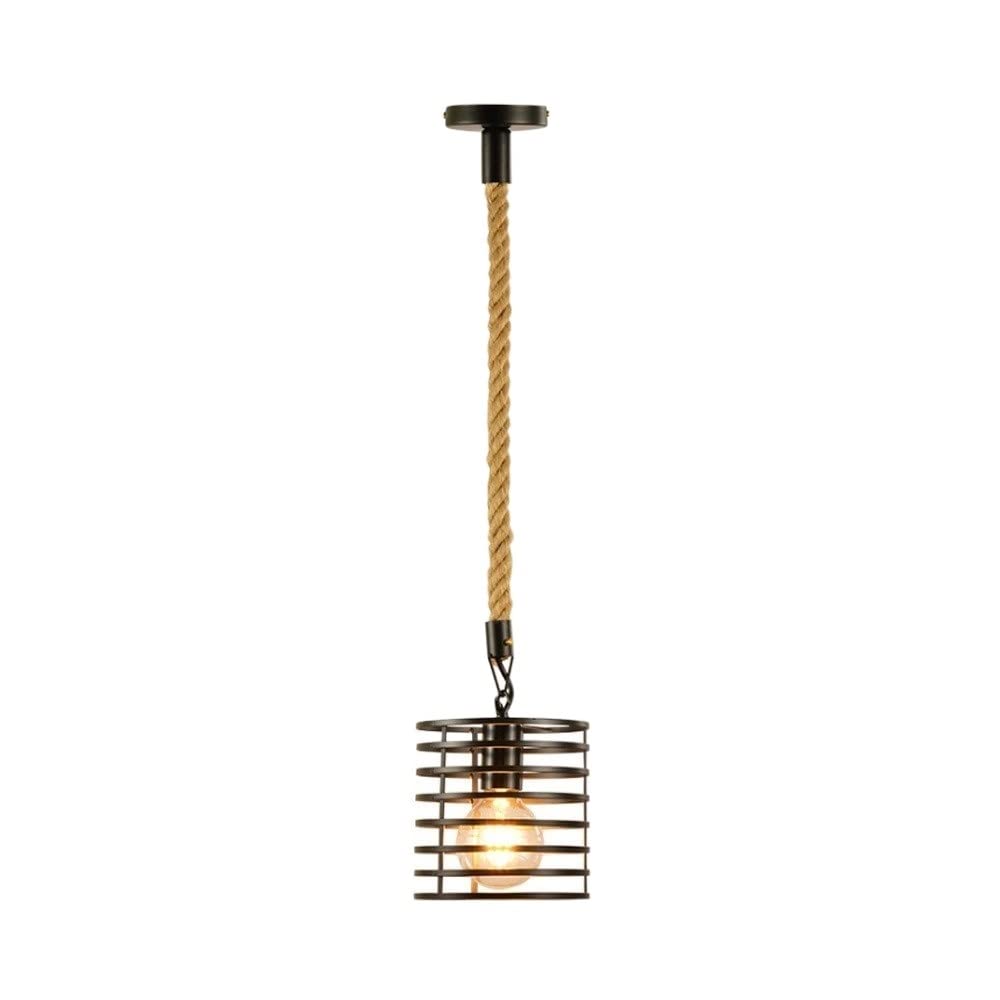 Lámpara de comedor estilo rústico industrial en metal negro con cuerda de cáñamo y diseño retro