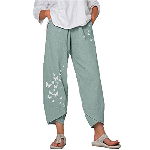 Maiyifu-GJ Women's Cotton Linen Loose Pants Summer Casual Baggy Lounge Pants Elastic Waist Lightweight Wide Leg Trousers (Light Green,3X-Large)