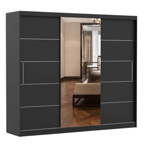 Fabryka Mebli Idźczak Kleiderschrank mit Spiegel, Schiebetüren - schwarzer Schwebetürenschrank, Schlafzimmerschrank - ‎61 x 250 x 218 cm - Schrank für Schlafzimmer, Wohnzimmer, Garderobe