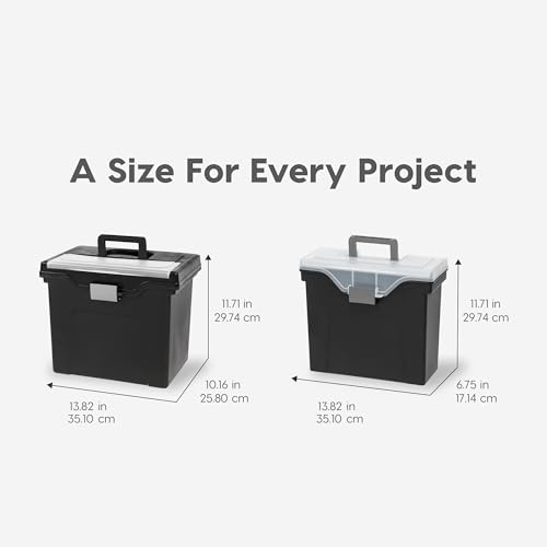 Image of IRIS USA File Box Organizer with Lid, Letter File, 4-Pack, Black | Carry letter size files, documents and paperwork with a portable handle and secure lid for organized storage on the go