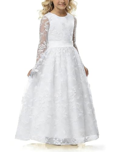 Image of ABaoWedding Lace A-Line Flower Girl Dress | Sleeveless,Floral Embroidery,Hidden Zipper.Perfect for Kids Wedding,Communion,Pageant & Formal Events.