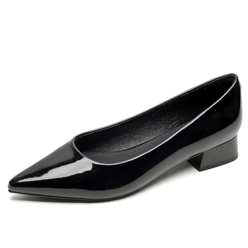 Women's Patent Leather Chunky Heel Pumps Sexy Pointed Toe Slip-On Low Heel Dress Shoes Wedding Date Evening Formal Shoes