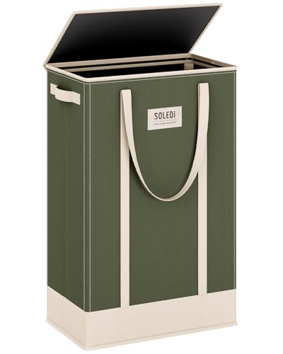 SOLEDI Cesta delgada para la ropa sucia con tapa, cesta estrecha de 53 litros con asas, cesta plegable para la ropa, perfecta para espacios compactos como dormitorios, baños, dormitorios, caravanas