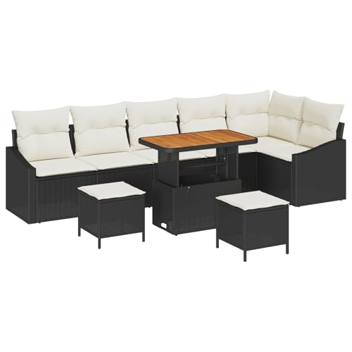 Homgoday Juego de 9 sofás de jardín con cojines de polirratán y acacia, 2 plazas, con espacio de almacenamiento y cojines, color negro, polirratán, juego de 3 piezas con cojines de polirratán negro