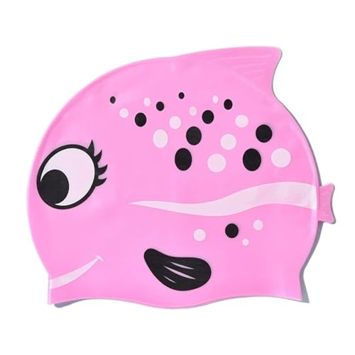 かわいい漫画の斑点模様の魚のプリント柄の子供用シリコン製スイミングキャップ | 耳を保護する防水プールハット(Pink)