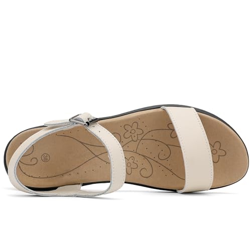 Image of Women's Classic Flat Sandals Leather Open Toes Memory Foam One Band Ankle Strap Adjustable Slip On Shoes