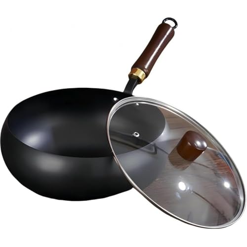 Vilom 高純度鉄製フライパン 手作り鍛造 大型中華鍋 健康塗装なし 油跳ね防止 鉄製炒め鍋 蓋付き 健康調理 軽量&耐久性家庭用・プロ用対応 ガス・IH対応 おしゃれキッチン用品 (28 cmガラスカバー)