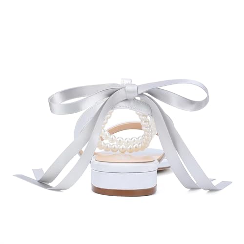 Image of Satin Wedding Flats for Bride Pearl Sandals Open Toe Bridal Shoes Flat Wedding Shoes for Bride