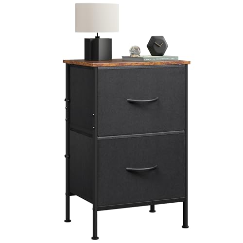 WLIVE Nightstand, Nightstand with 2 Drawers, Bedside Furniture, Night Stand, Small Dresser for Bedroom, College Dorm, End Table with Fabric Bins, Dormitory, Black and Rustic Brown