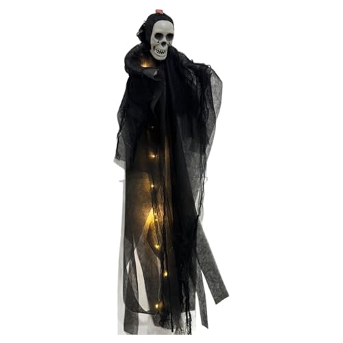 Decoración para exteriores con espíritu de calavera, esqueleto colgante de Halloween, decoración de entrada de casa, decoración de entrada con iluminación de terror, decoración espeluznante para